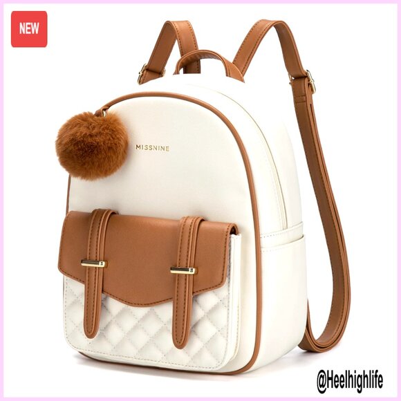 Mini PU Leather Backpack with Pompom, 7 Pockets, Waterproof Daypack main image 6